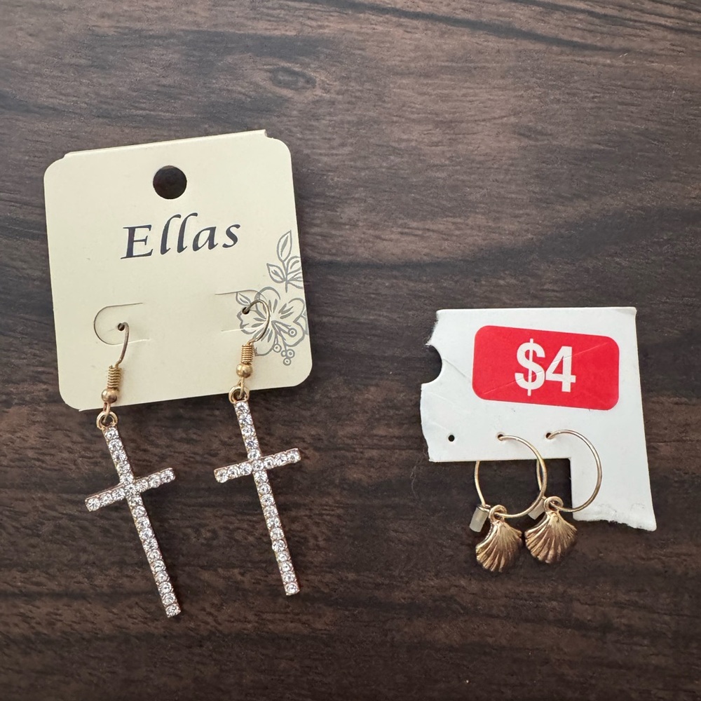 Gold and Silver Cross Earrings & Sea Shell